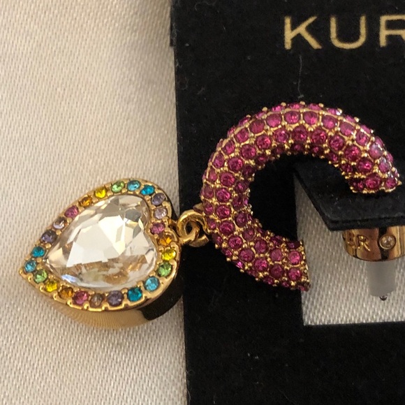 Kurt Geiger Gold Tone Pink Crystal Huggie Hoops With Heart Crystal Charm NWT - Picture 5 of 12